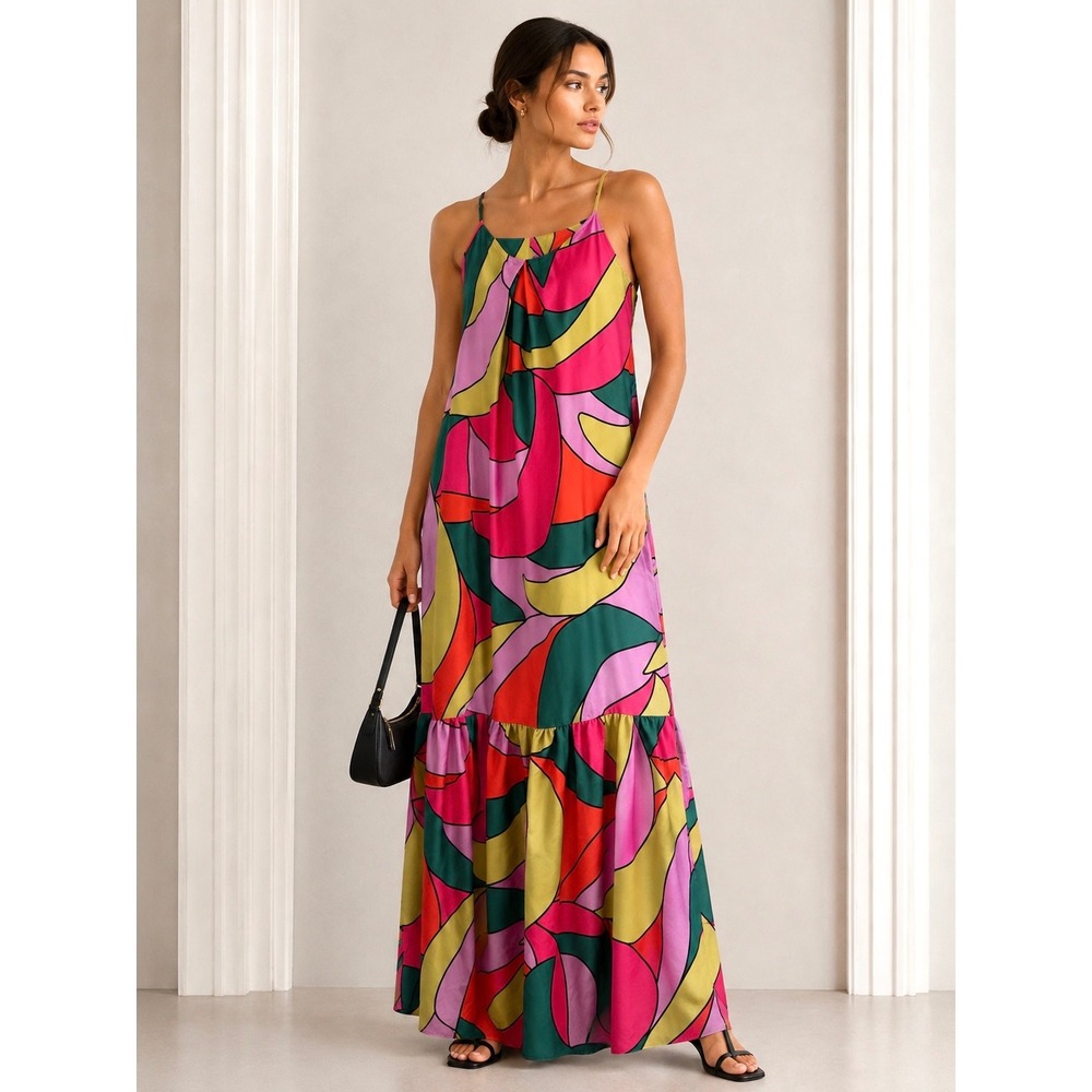 Abstract Psychedelic Print Maxi Dress Pink Yellow Green Retro Pucci Inspired m
